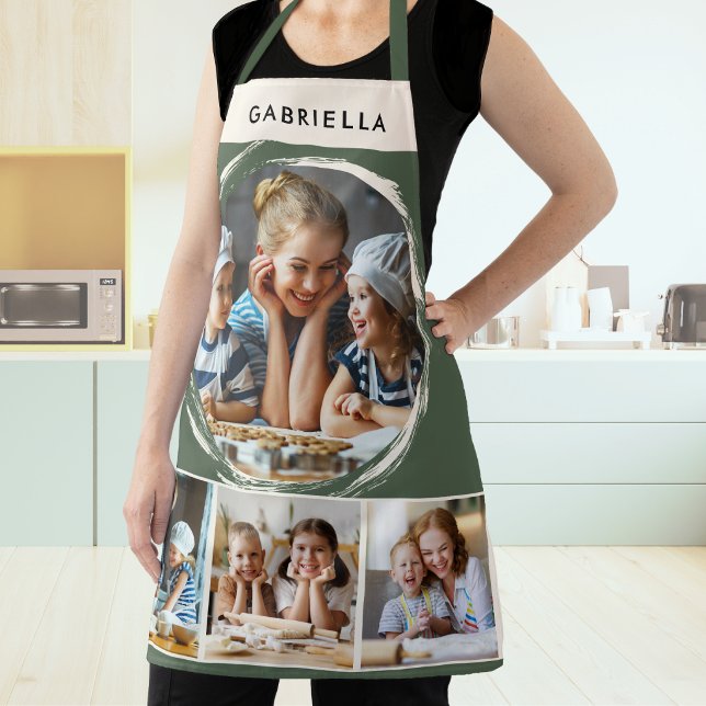 Custom Photo Collage Sage Green Kitchen Apron (A stylish, sage green and cream apron, with custom photo collage and personalized name)