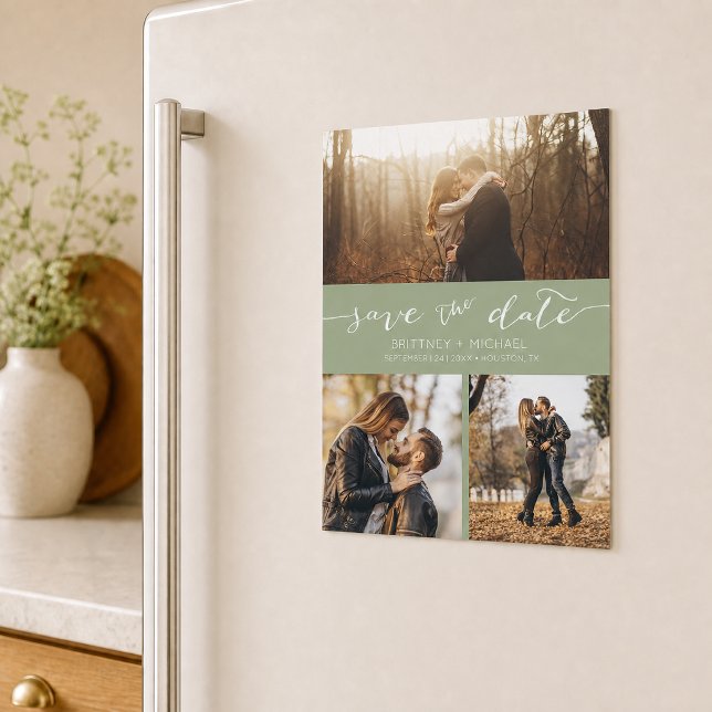 Custom Photo Collage Sage Green Save the Date (Announce your wedding with this custom photo collage save the date design.)