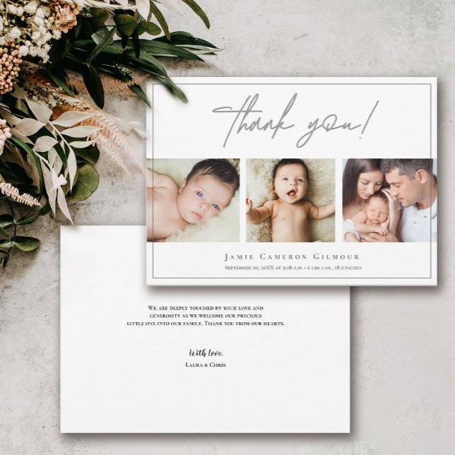 Custom Photo Collage Simple Script Baby  Thank You Card (Handlettering thank you script baby photos and birth stats.)