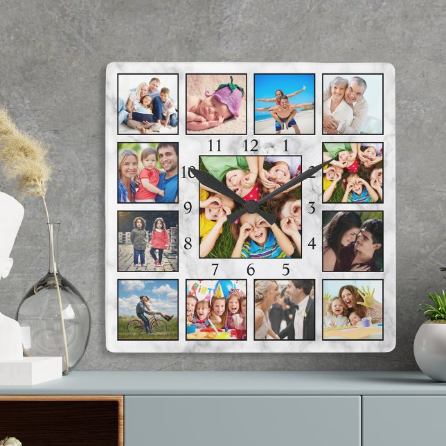 Custom Photo Collage Stylish Marble Family Baby Square Wall Clock (Creator Uploaded)