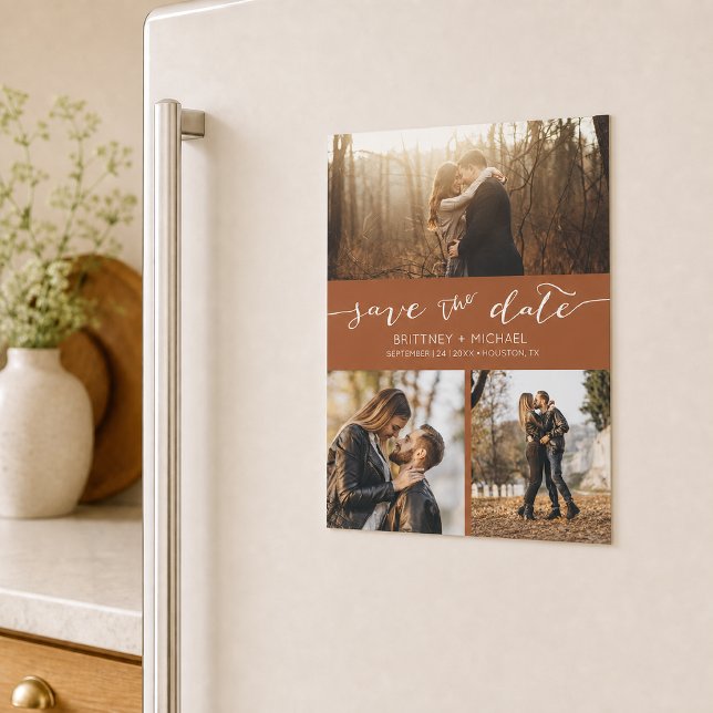 Custom Photo Collage Terracotta Save the Date (Announce your wedding with this custom photo collage terracotta save the date design. )