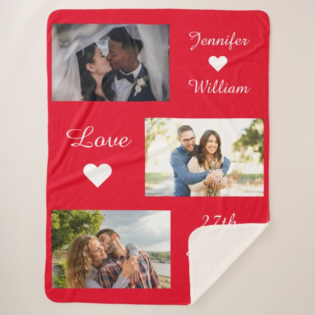 Custom Photo Collage Wedding Date Love Red Sherpa Blanket (Front)