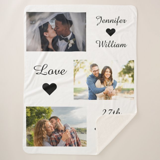 Custom Photo Collage Wedding Date Love White Sherpa Blanket (Front)