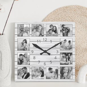 Custom Photo Collage White Elegant Wood Family Square Wall Clock