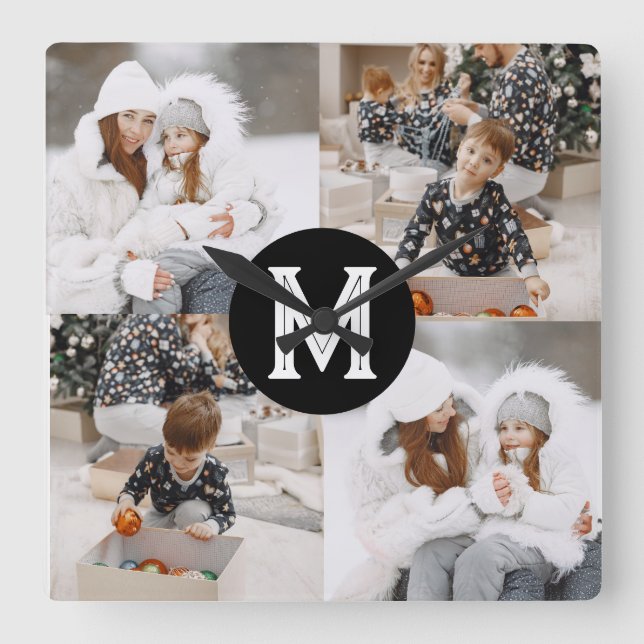 Custom Photo Collage with Monogram Square Wall Clock (Front)