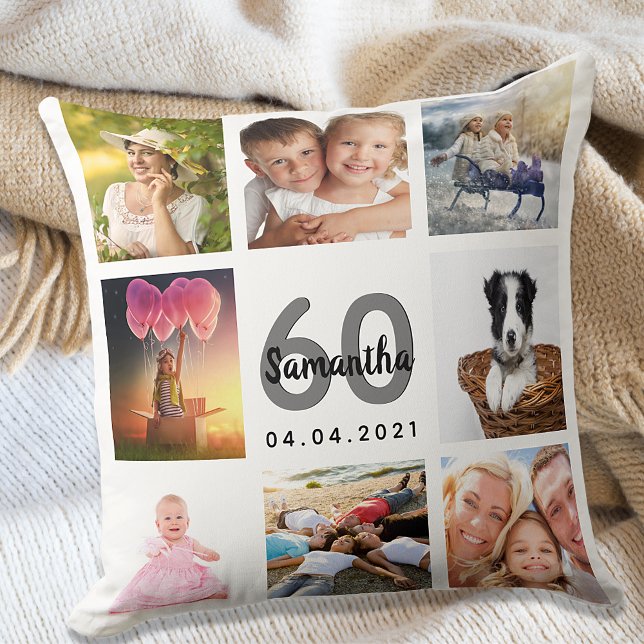 Custom photo collage woman white 60th birthday cushion (Creator Uploaded)