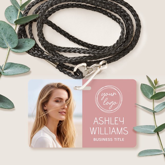 Custom Photo Company Logo Name Employee Pink ID Badge (Creator Uploaded)