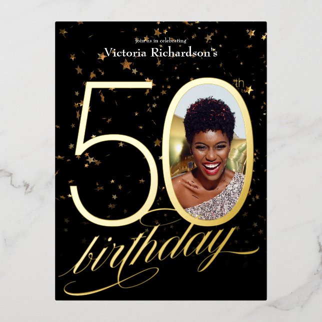 Custom Photo Confetti Black Gold 50th Birthday  Foil Invitation Postcard (Front)