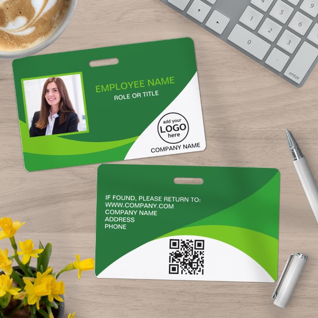 Custom Photo Corporate Employee Name QR Code Green ID Badge (Creator Uploaded)