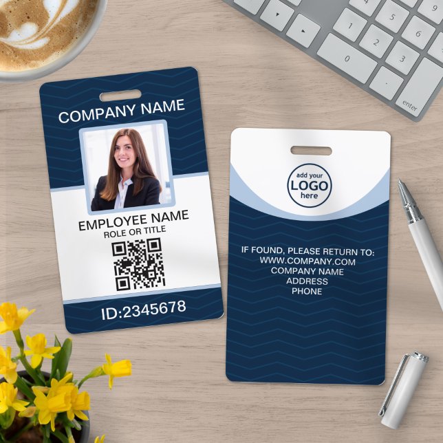Custom Photo Corporate Employee QR Code Blue ID Badge (Creator Uploaded)