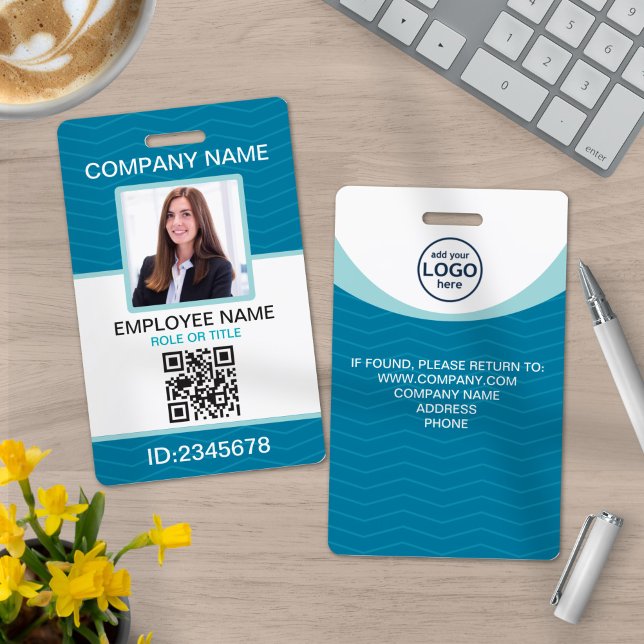 Custom Photo Corporate Employee QR Code Blue ID Badge (Creator Uploaded)