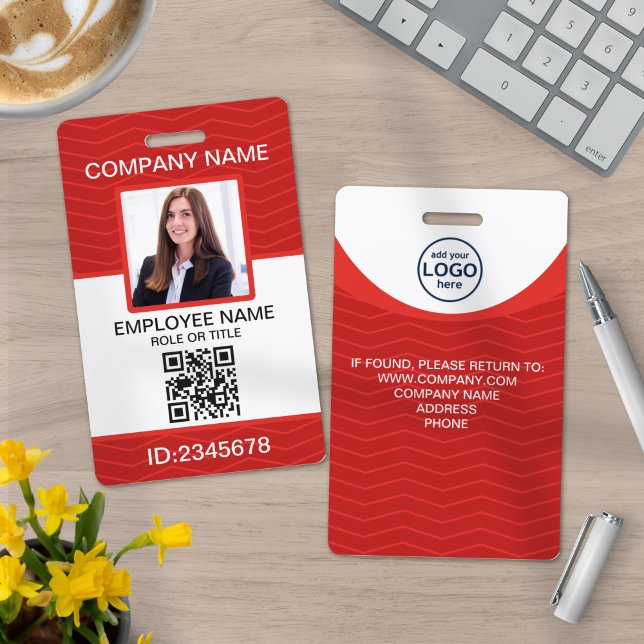 Custom Photo Corporate Employee QR Code Red ID Badge (Creator Uploaded)