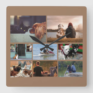 Custom photo couples collage   8 tan brown square wall clock