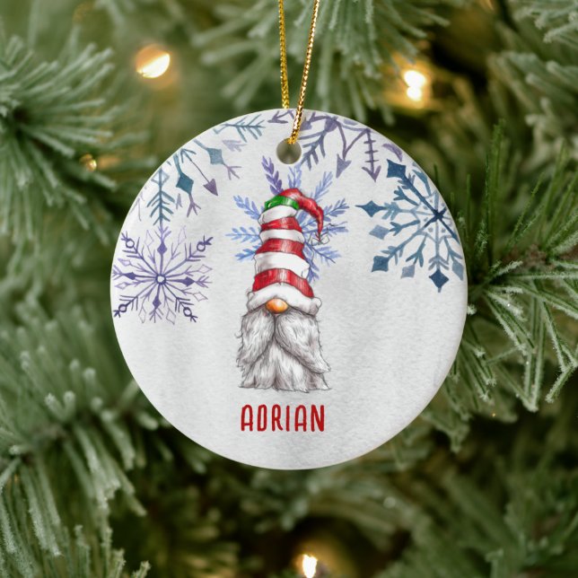 Custom Photo Cute Christmas Gnome Personalised Ceramic Tree Decoration (Tree)