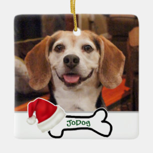 Custom Photo Cute Dog Bone with Santa Hat Ceramic Ornament