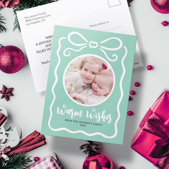 Custom Photo Cute Hand Drawn White Ribbon Mint Holiday Postcard (Creator Uploaded)