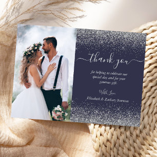 Custom Photo Dark Blue Silver Glitter Wedding Thank You Card