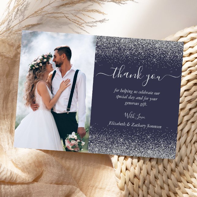 Custom Photo Dark Blue Silver Glitter Wedding Thank You Card (Creator Uploaded)