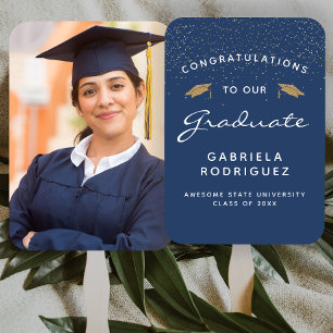Custom Photo Dark Blue White Gold Graduation Hand Fan
