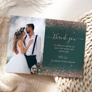 Custom Photo Dark Green Rose Gold Glitter Wedding Thank You Card