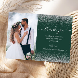 Custom Photo Dark Green Silver Glitter Wedding Thank You Card