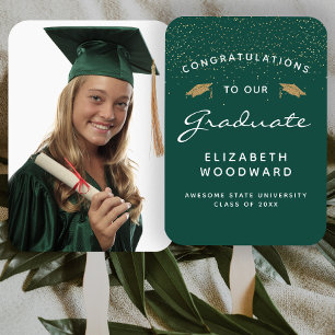 Custom Photo Dark Green White Gold Graduation Hand Fan