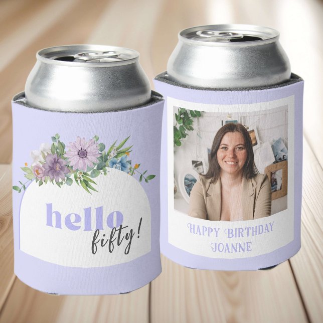 Custom Photo Delicate Florals 50th Birthday Can Cooler (Creator Uploaded)