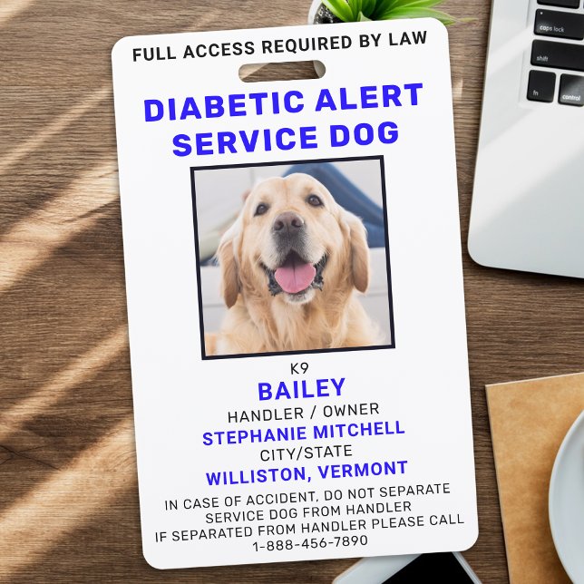 Custom Photo Diabetic Alert Service Dog ID Badge (Creator Uploaded)
