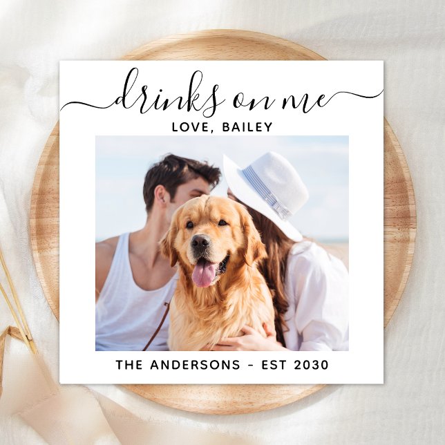 Custom Photo Drinks On Me Dog Open Bar Pet Wedding Napkin (Creator Uploaded)