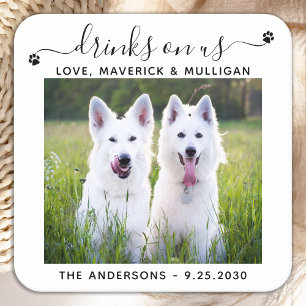 Custom Photo Drinks On Us Dog Bar Pet Wedding Square Paper Coaster