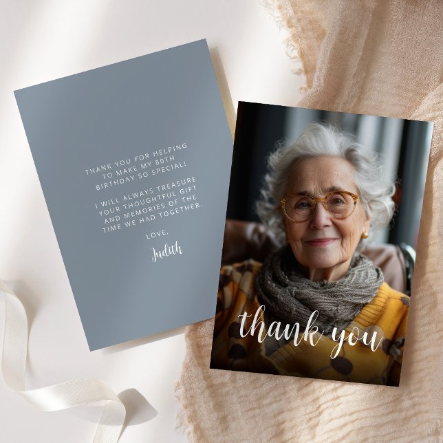 Custom Photo Dusty Blue 80th Birthday Party Thank You Card (Creator Uploaded)