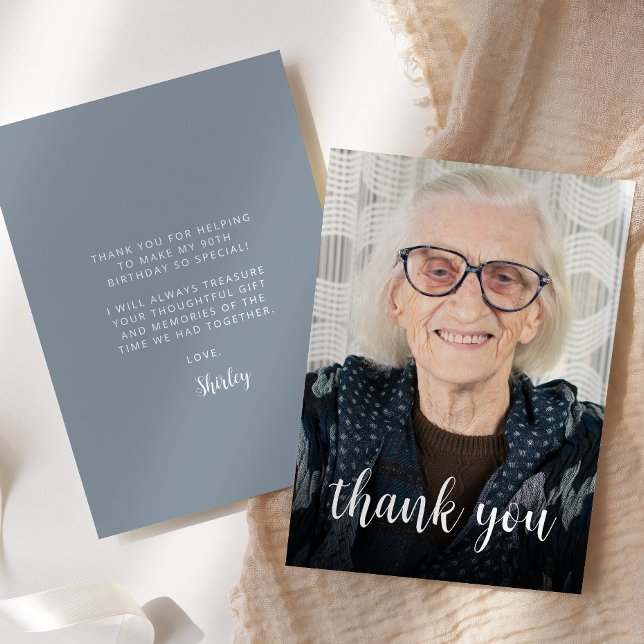 Custom Photo Dusty Blue 90th Birthday Party Thank You Card (Creator Uploaded)