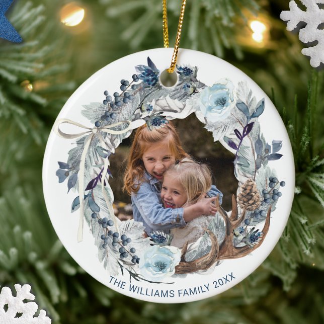 Custom Photo, Elegant Blue White Holiday Wreath Ceramic Tree Decoration (Creator Uploaded)
