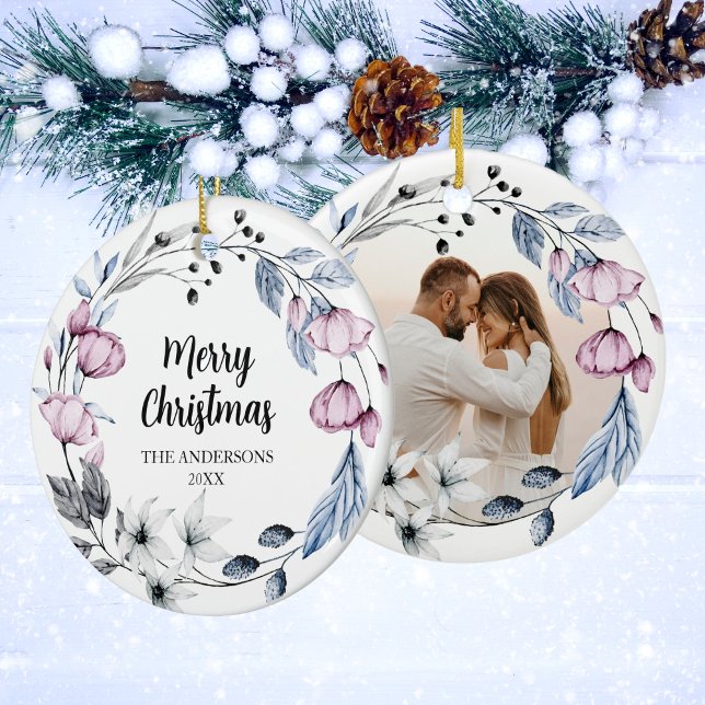 Custom Photo Elegant Floral Christmas Ceramic Tree Decoration (Creator Uploaded)