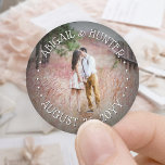 Custom Photo Elegant Modern Typography Wedding Classic Round Sticker<br><div class="desc">Add a personalised finishing touch to your special day celebration with these round custom photo stickers. (IMAGE PLACEMENT TIP: An easy way to centre a photo exactly how you want is to crop it before uploading to the Zazzle website.) Design features chic modern typography text in a circle and picture...</div>