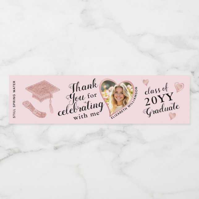 Custom Photo Elegant Pink Graduation Thank You Water Bottle Label (Single Label)