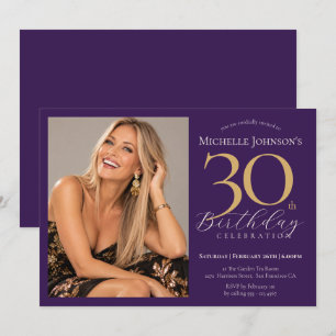 Custom Photo Elegant Purple and Gold 30th Birthday Invitation
