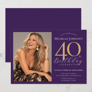 Custom Photo Elegant Purple and Gold 40th Birthday Invitation