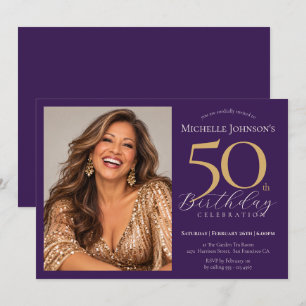 Custom Photo Elegant Purple and Gold 50th Birthday Invitation