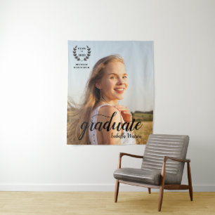 Custom Photo Elegant Script Grad Party Tapestry