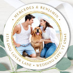 Custom Photo Elegant Wedding Gold Return Address Classic Round Sticker<br><div class="desc">Add the finishing touch to your wedding invitations with these custom photo, and personalised address labels. Customise with your favourite photo, names, and address. These simple address labels can be used for any and all occasions. COPYRIGHT © 2020 Judy Burrows, Black Dog Art - All Rights Reserved. Custom Photo Elegant...</div>