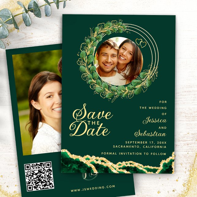 Custom Photo Emerald Green & Gold Elegant Save The Date (Creator Uploaded)