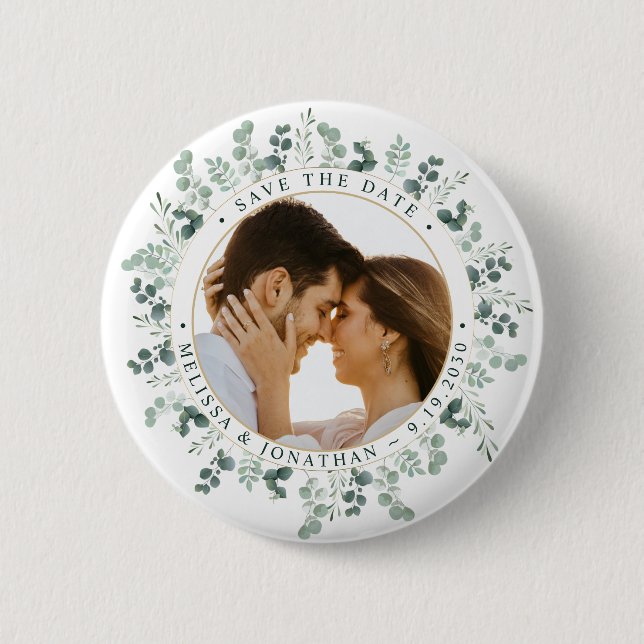 Custom Photo Eucalyptus Wedding Save The Date 6 Cm Round Badge (Front)