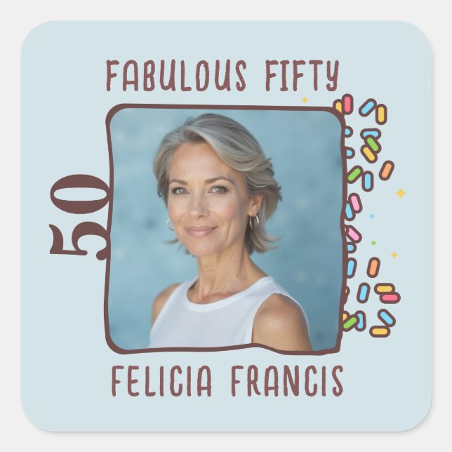 Custom Photo Fabulous Fifty Birthday Party Square Sticker (Front)