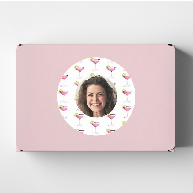 Custom Photo Face & Cocktail | Personalised Pink F Classic Round Sticker (Creator Uploaded)