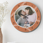 Custom Photo Family Name  Large Clock<br><div class="desc">This modern wall clock is decorated with a geometric pattern in terracotta and white.
Easily customisable with your photo and name.</div>