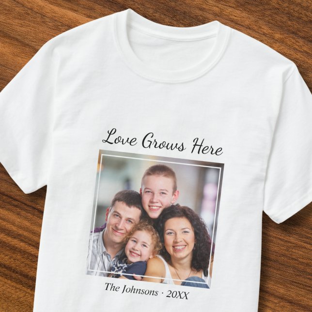 Custom Photo Family Name Love Grows Here Quote  T-Shirt (Creator Uploaded)