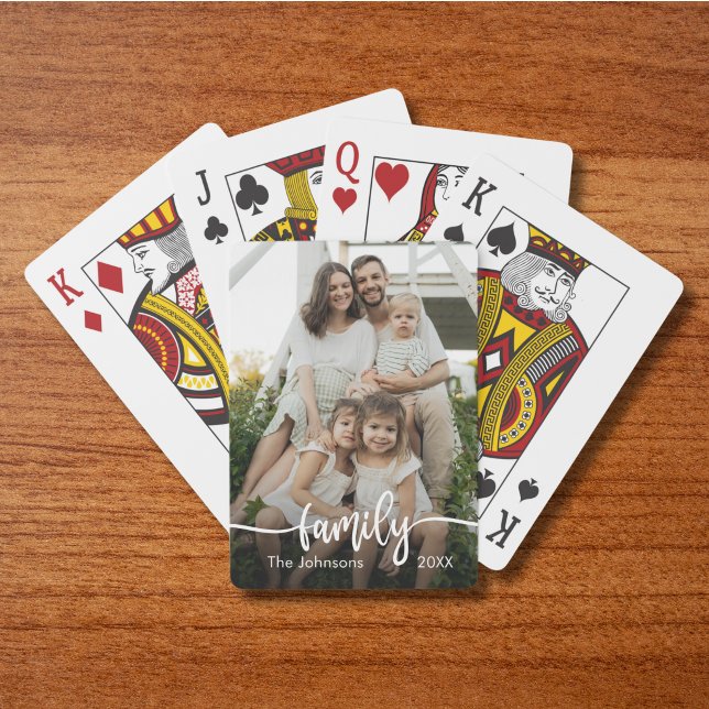 Custom Photo Family Script Personalised Playing Cards (Custom Family Photo Script Personalized Poker Cards with Family Name, Date, Script Calligraphy.)