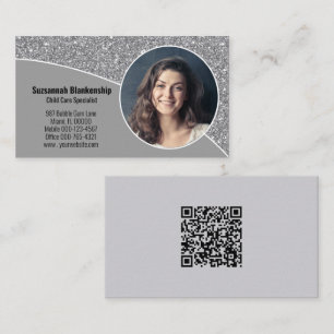 Custom Photo Faux Silver Glitter QR Code on Back Business Card