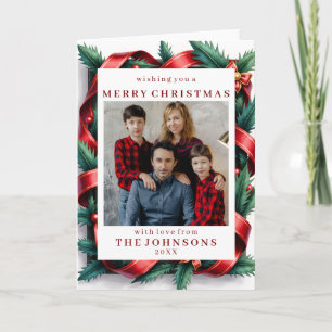 Custom Photo Festive Ribbon Bow Frame Greeting Card